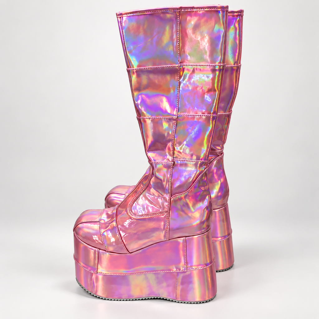 Pair of tall iridescent pink platform boots shown at a three-quarter angle