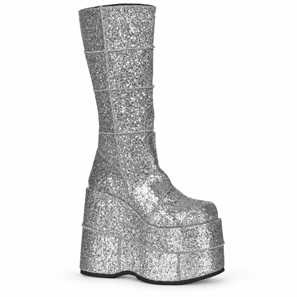 Single silver glitter platform boot shown in side profile on a white background