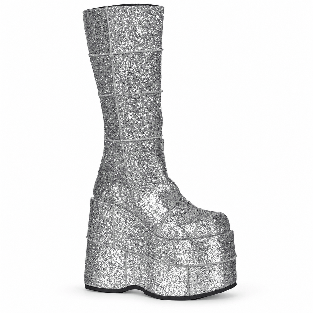 Single silver glitter platform boot shown in side profile on a white background