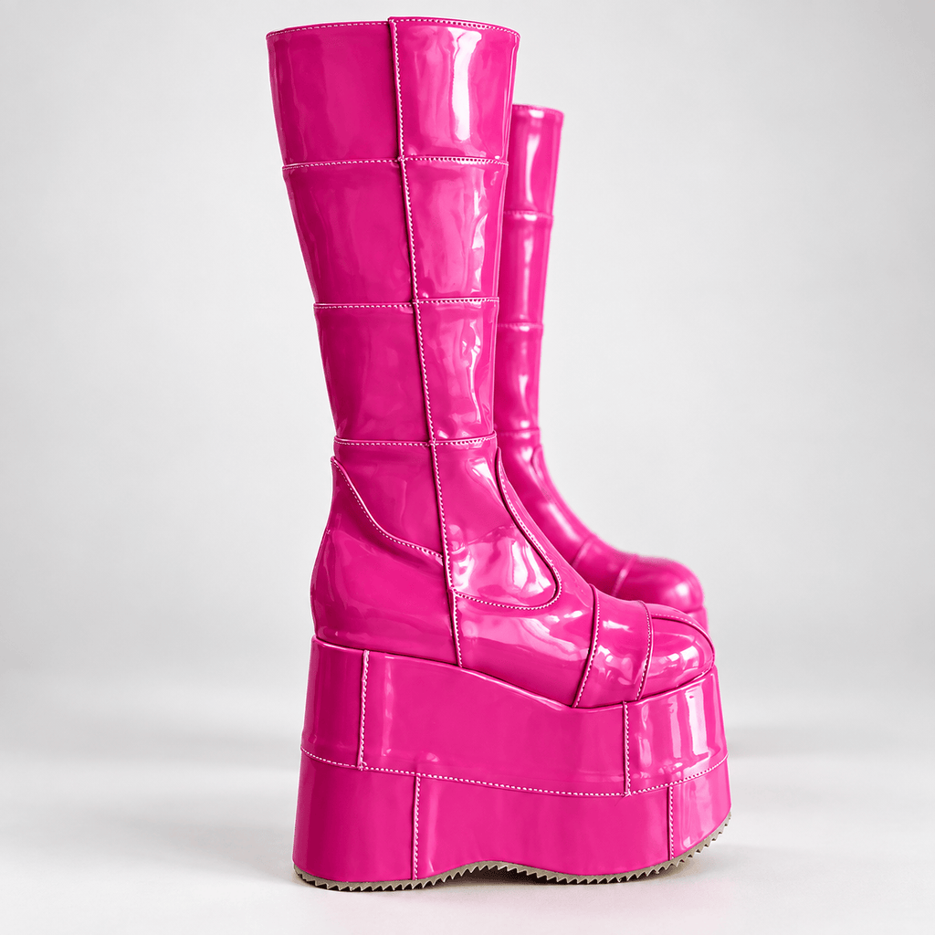 Pair of glossy hot-pink knee-high platform boots shown from a front-side angle