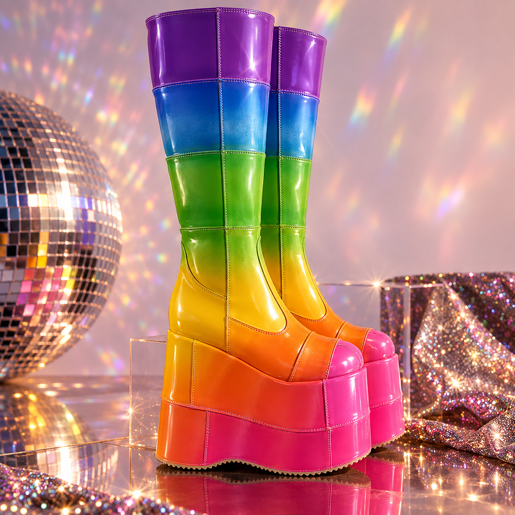 Pair of glossy rainbow platform boots displayed at an angle on a reflective party set