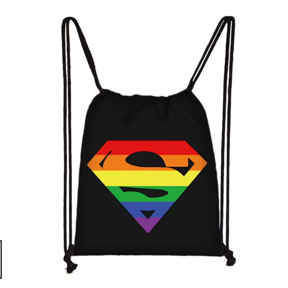 Black drawstring bag with a rainbow Superman-style emblem