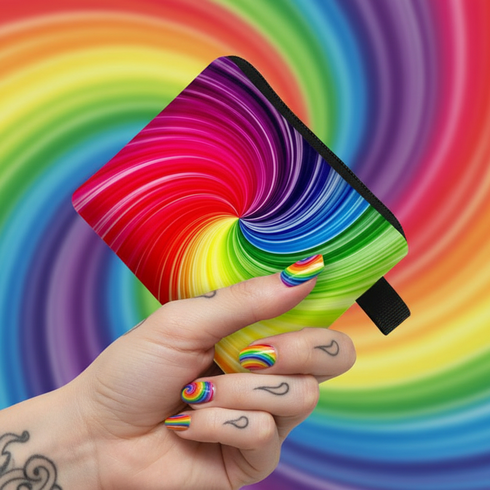 Rainbow swirl LGBT coin purse held in a hand, with a black wrist strap