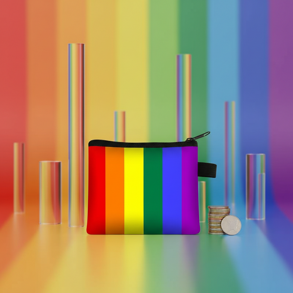Rainbow Pride striped coin purse with black zipper, shown beside stacked coins