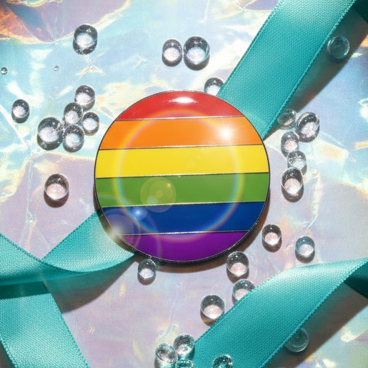 Rainbow LGBT Pride badge with horizontal stripes on a teal ribbon and iridescent background