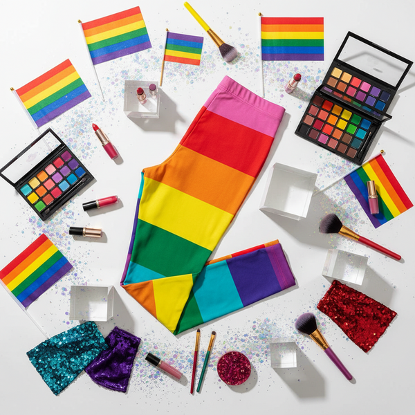Flat lay of rainbow Pride leggings with colorful horizontal stripes, surrounded by flags and makeup