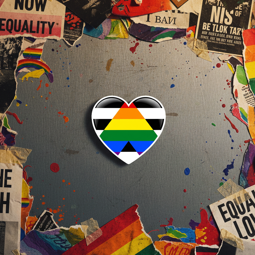 Heart-shaped LGBTQ+ ally magnet with black, white, and rainbow stripes on a collage background