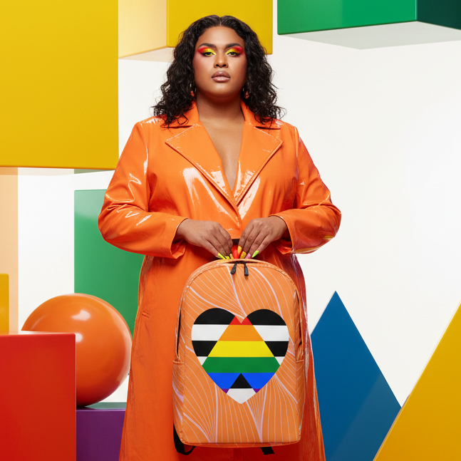 LGBTQ Ally Minimalist Backpack with a pride rainbow heart, held by person in shiny orange coat; bold geometric queer vibes.