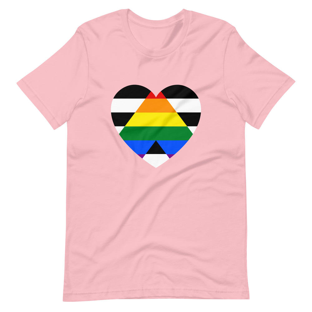 LGBTQ Ally T-Shirt, light pink cotton tee with a bold chest heart featuring rainbow, black, and white stripes