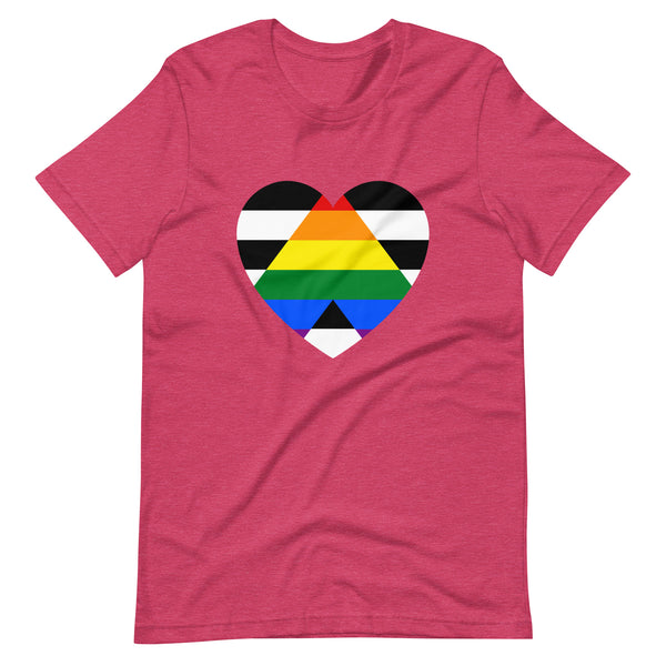 Front view of a heather pink T-shirt with a black, white, and rainbow-striped heart graphic