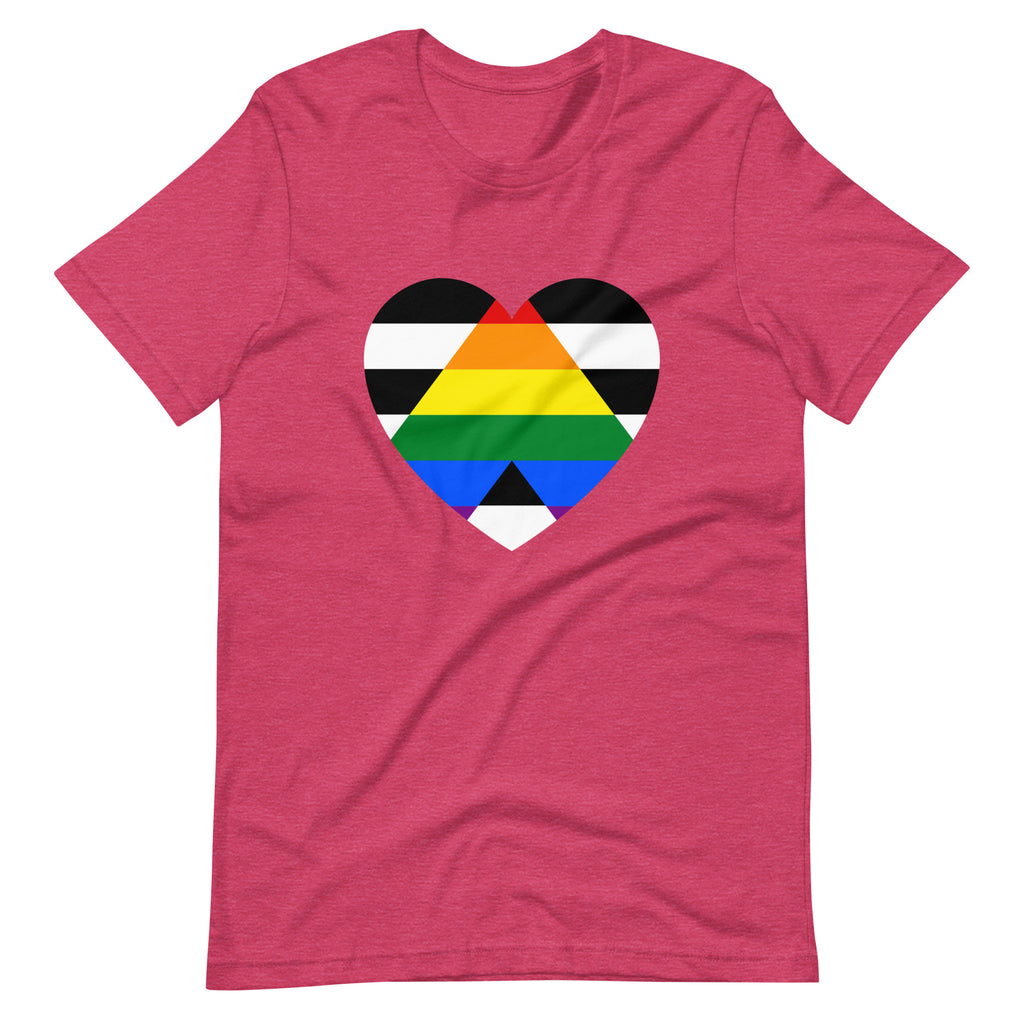 Front view of a heather pink T-shirt with a black, white, and rainbow-striped heart graphic