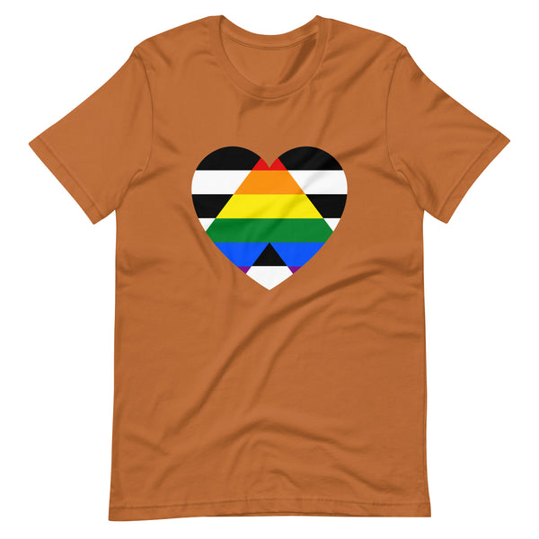Brown LGBTQ Ally T-Shirt with a big heart on the chest, filled with inclusive pride flag stripes for bold, queer visibility.