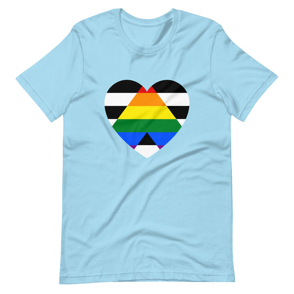 lgbtqia ally: LGBTQ Ally T-Shirt: blue tee with a heart-shaped pride flag graphic