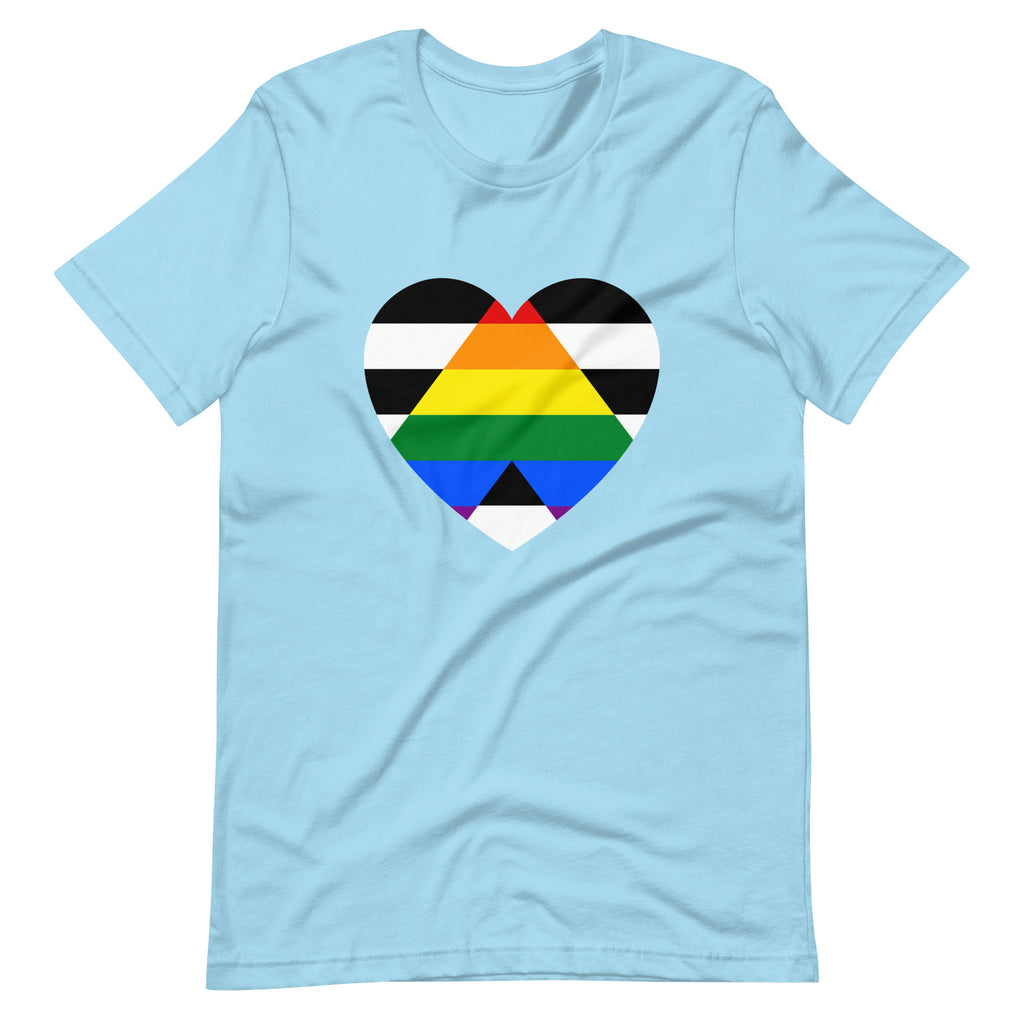lgbtqia ally: LGBTQ Ally T-Shirt: blue tee with a heart-shaped pride flag graphic
