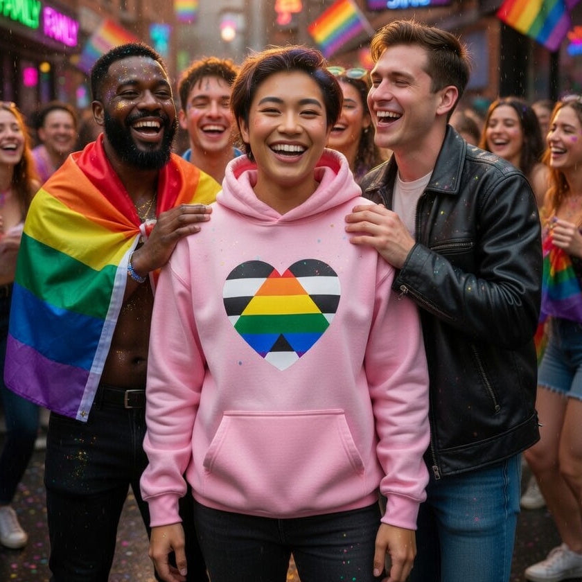 LGBTQ Ally Unisex Hoodie with a heart-shaped pride flag, worn by a smiling person at Pride