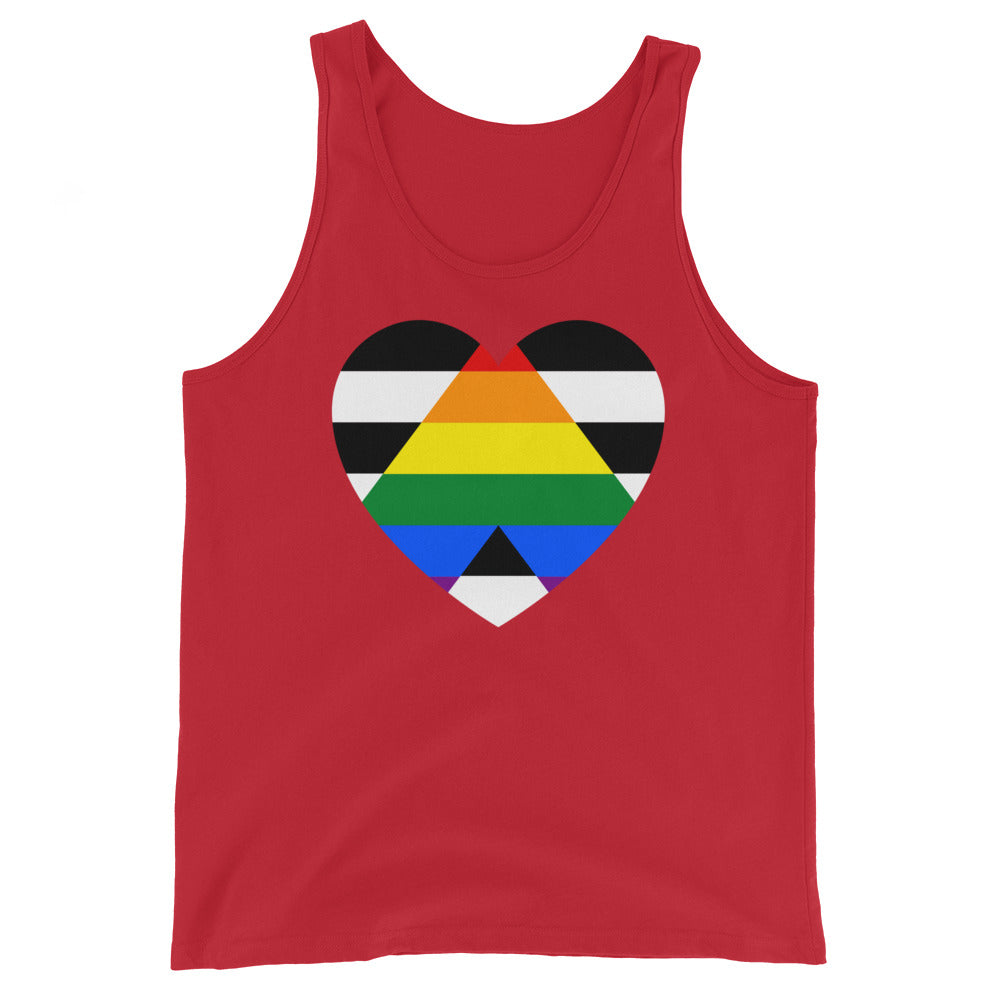 Red tank top with a heart graphic combining rainbow and black-and-white stripes