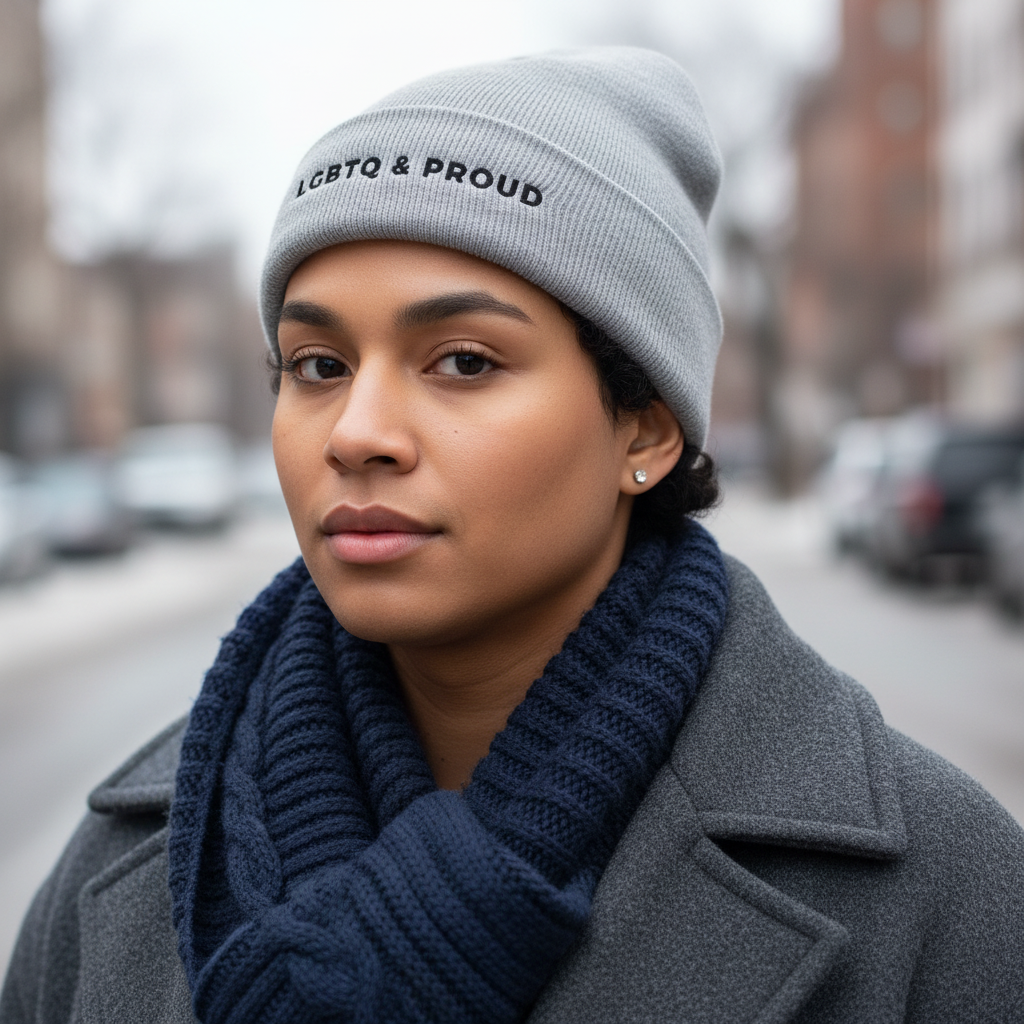 LGBTQ & Proud Cuffed Beanie in gray, worn with a navy scarf and gray coat by a person embracing queer pride on a city street.