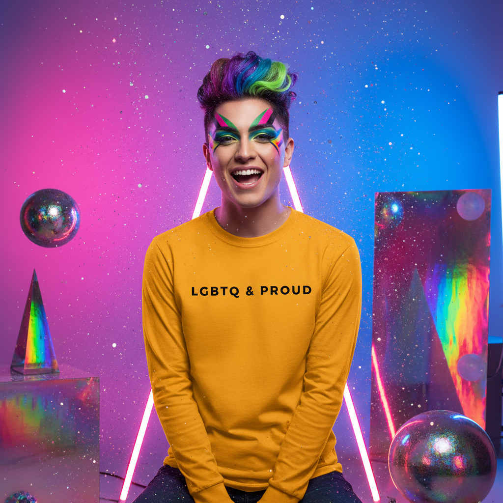 Smiling person modeling a mustard-yellow long-sleeve shirt reading “LGBTQ & PROUD”