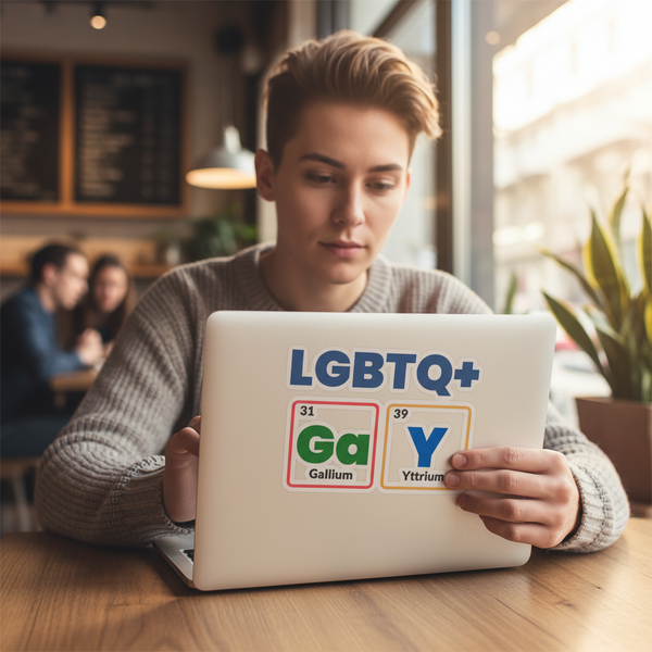 Laptop covered in colorful pride stickers, including an LGBTQ+ 