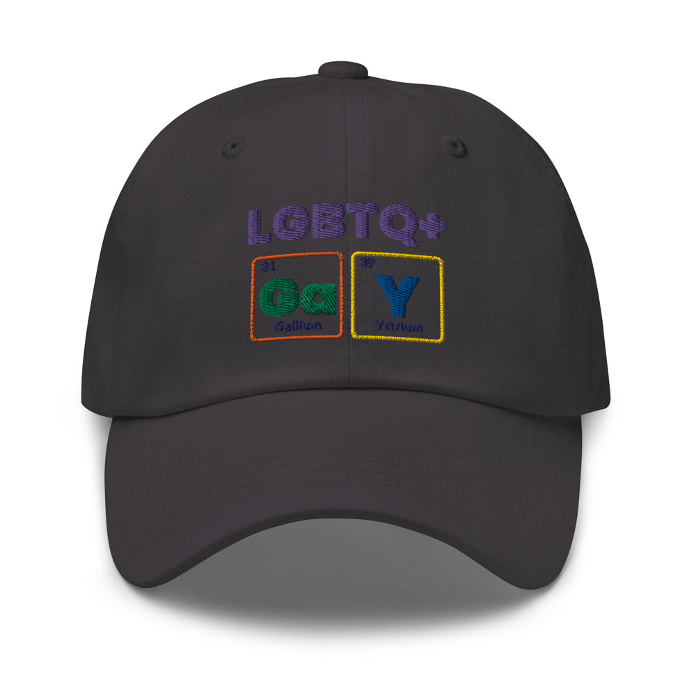 Black baseball cap embroidered with “LGBTQ+” and colorful GaY periodic-table squares