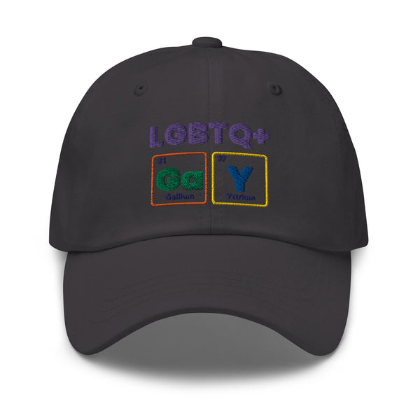 Black baseball cap embroidered with “LGBTQ+” and colorful GaY periodic-table squares