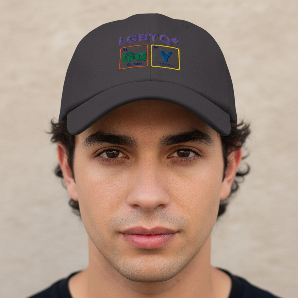 Front-facing model wearing a dark gray cap embroidered “LGBTQ+” and colorful “GaY” blocks