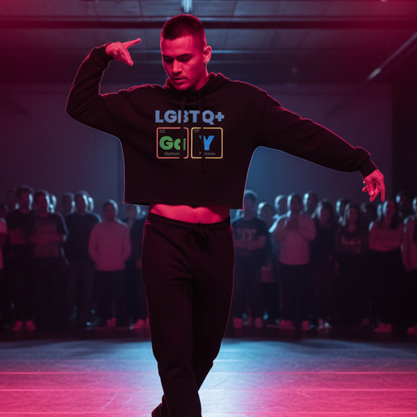 GaY Crop Hoodie on a queer dancer, pink-lit stage, one arm bent and the other pointing to their head