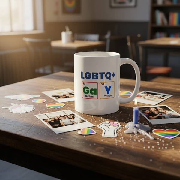 White LGBTQ+ mug with “GaY” element labels on a sticker-covered wooden table
