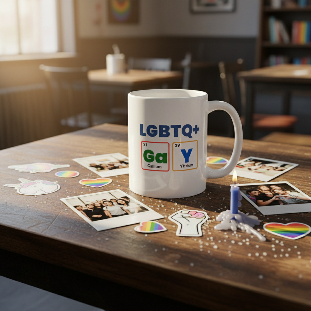 White LGBTQ+ mug with “GaY” element labels on a sticker-covered wooden table