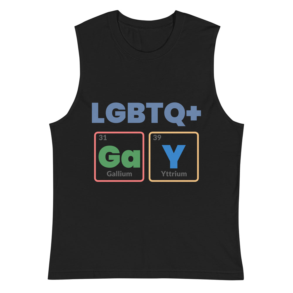 Front view of a black sleeveless tank top reading “LGBTQ+” with Ga and Y element squares