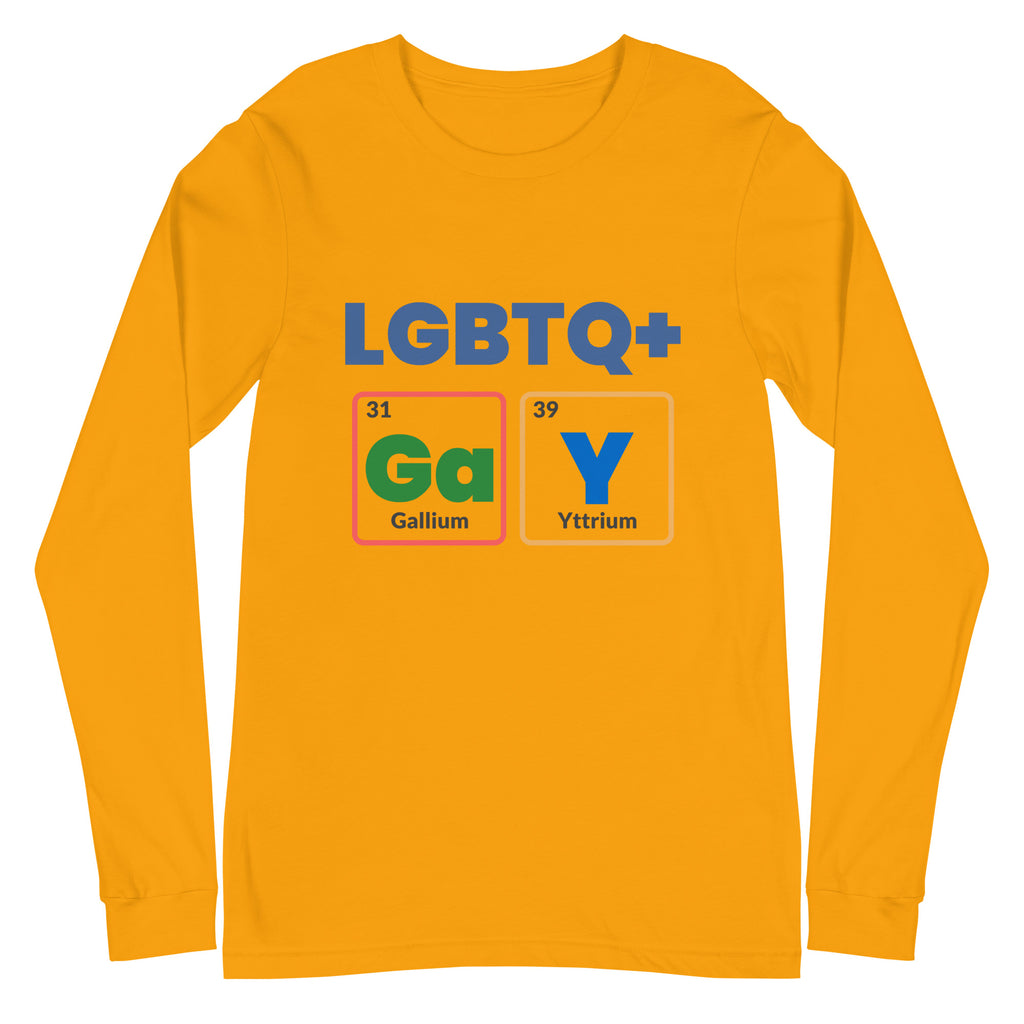 Front-facing orange long-sleeve shirt with “LGBTQ+” and Ga/Y element squares