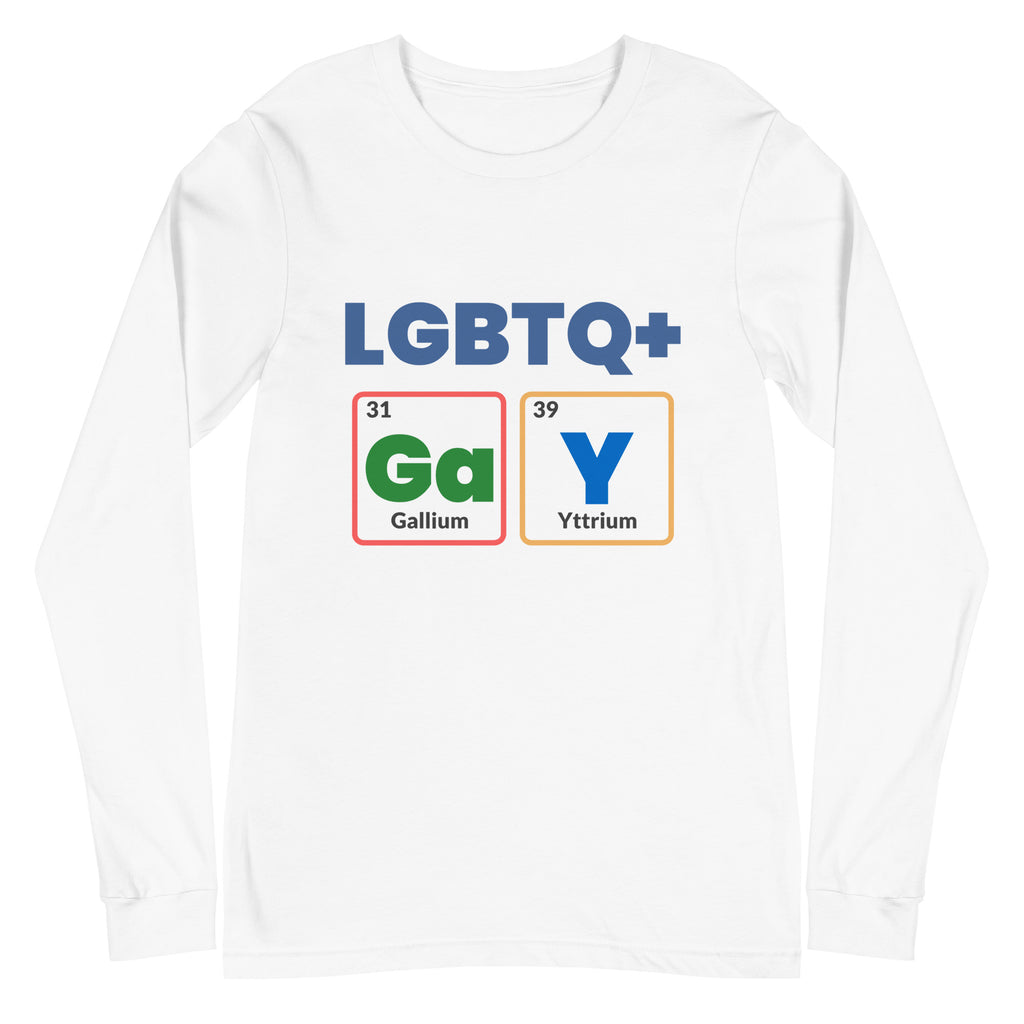 LGBTQ+ GaY Unisex Long Sleeve T-Shirt with "Gay" in periodic table style, worn by a shaved-head person flaunting glitter eye makeup.