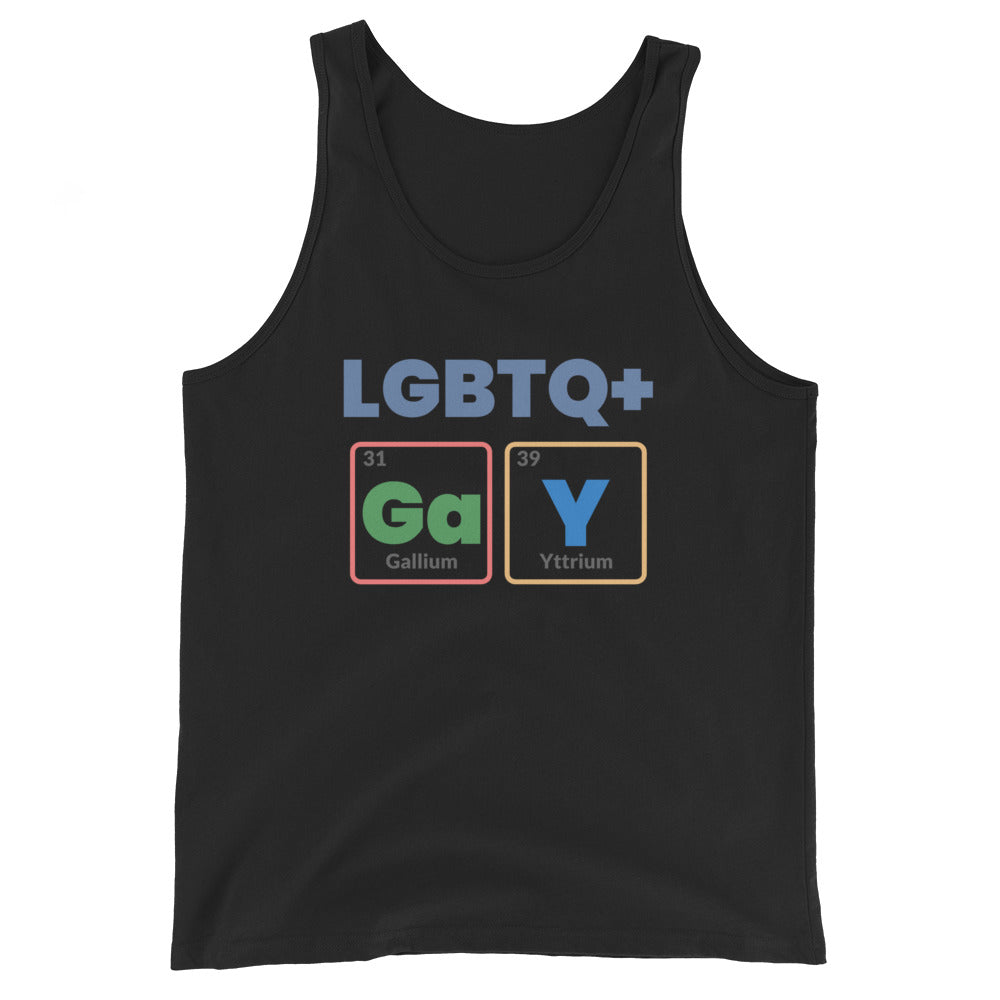 Black unisex tank with “LGBTQ+” in pastel blue above Gallium (Ga, 31) and Yttrium (Y, 39) symbols spelling “GaY.”.