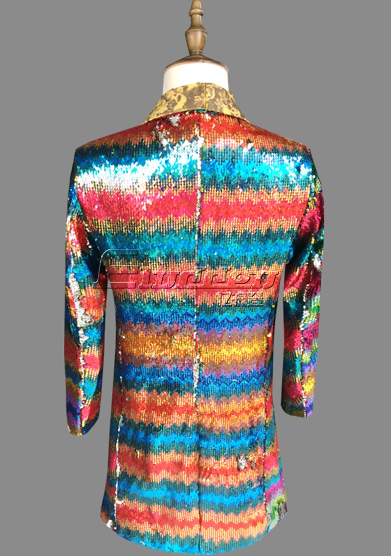 Rear view of a long multicolored sequin coat on a mannequin, with a gold patterned collar