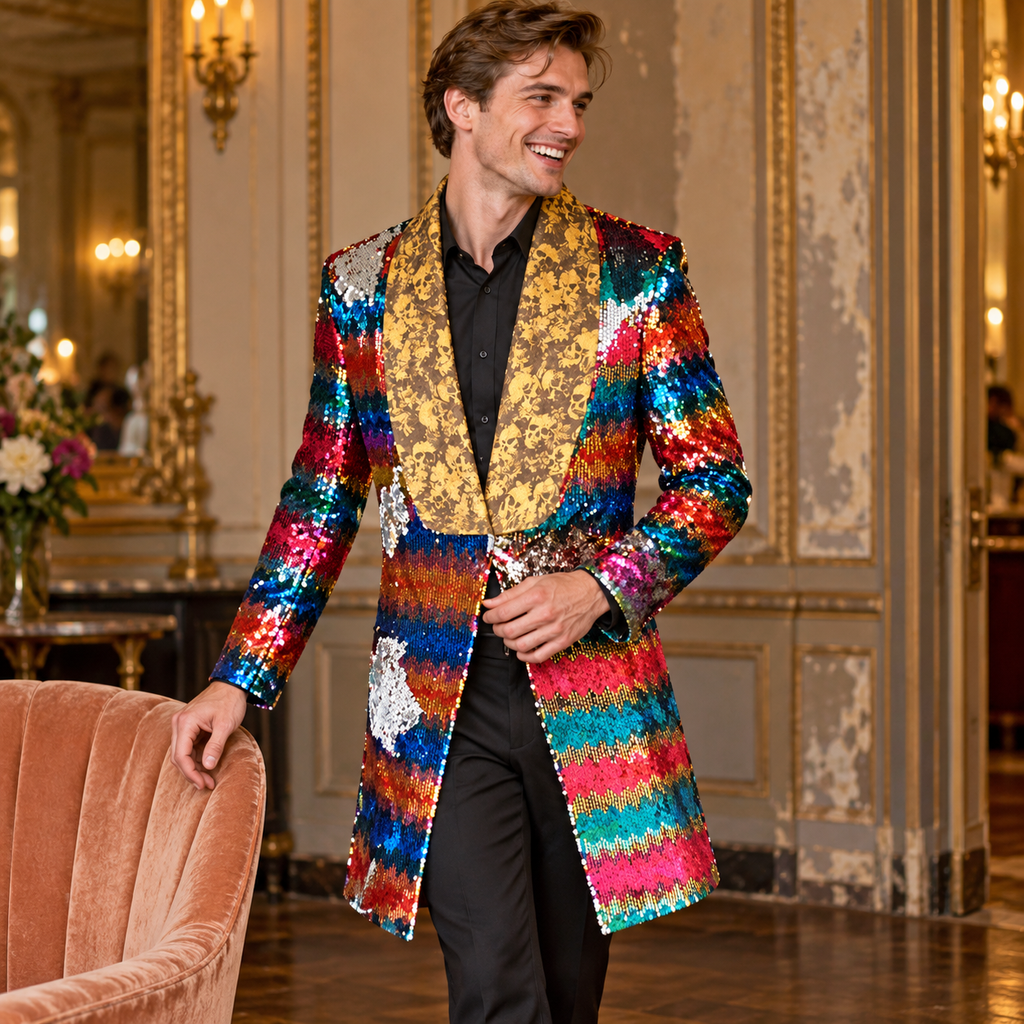 LGBTQ+ Luxe Sequin Long Coat, worn by an adult model in a candid lifestyle photograph.