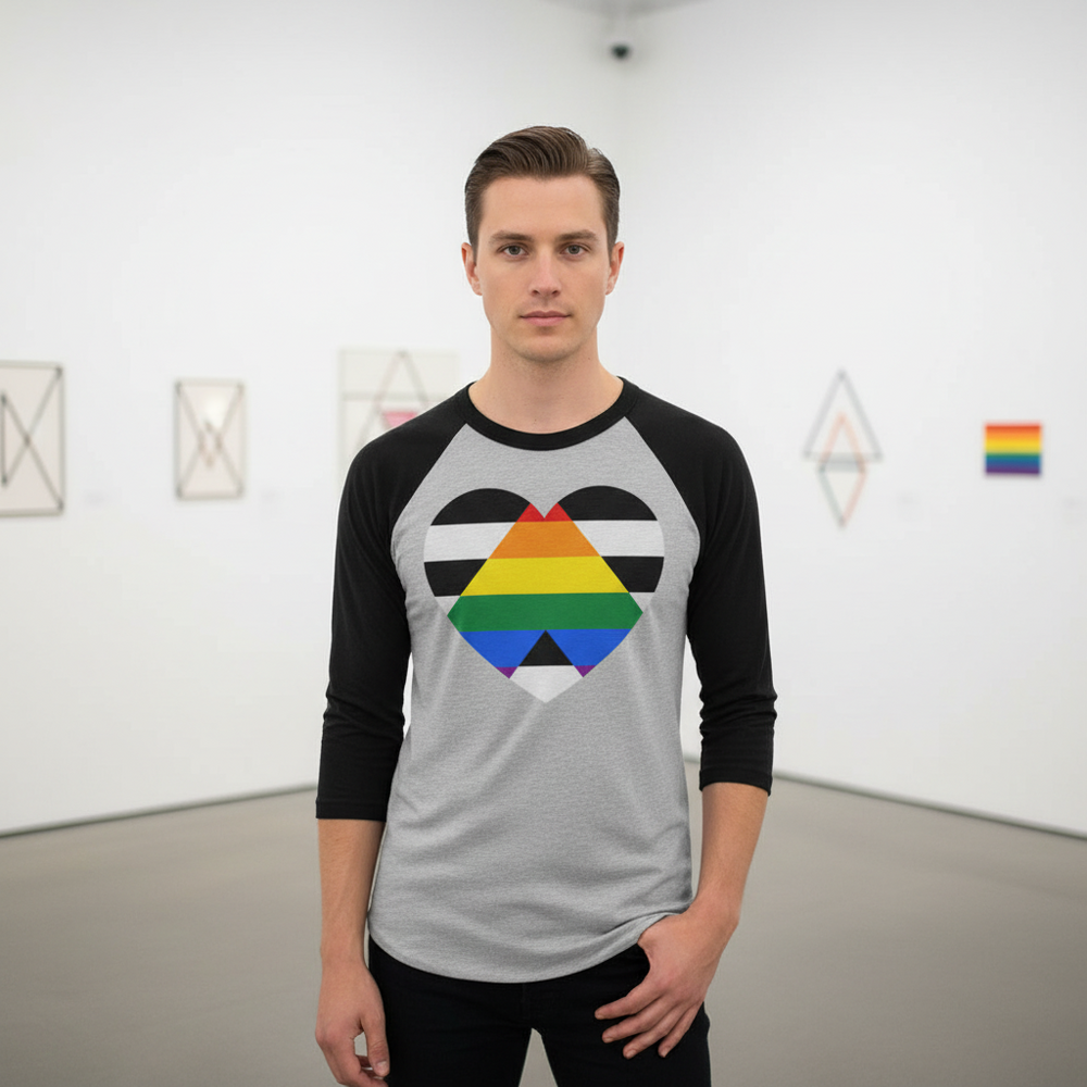 LGBTQ Ally 3/4 Sleeve Raglan shirt with heart-shaped pride flag; person in gallery