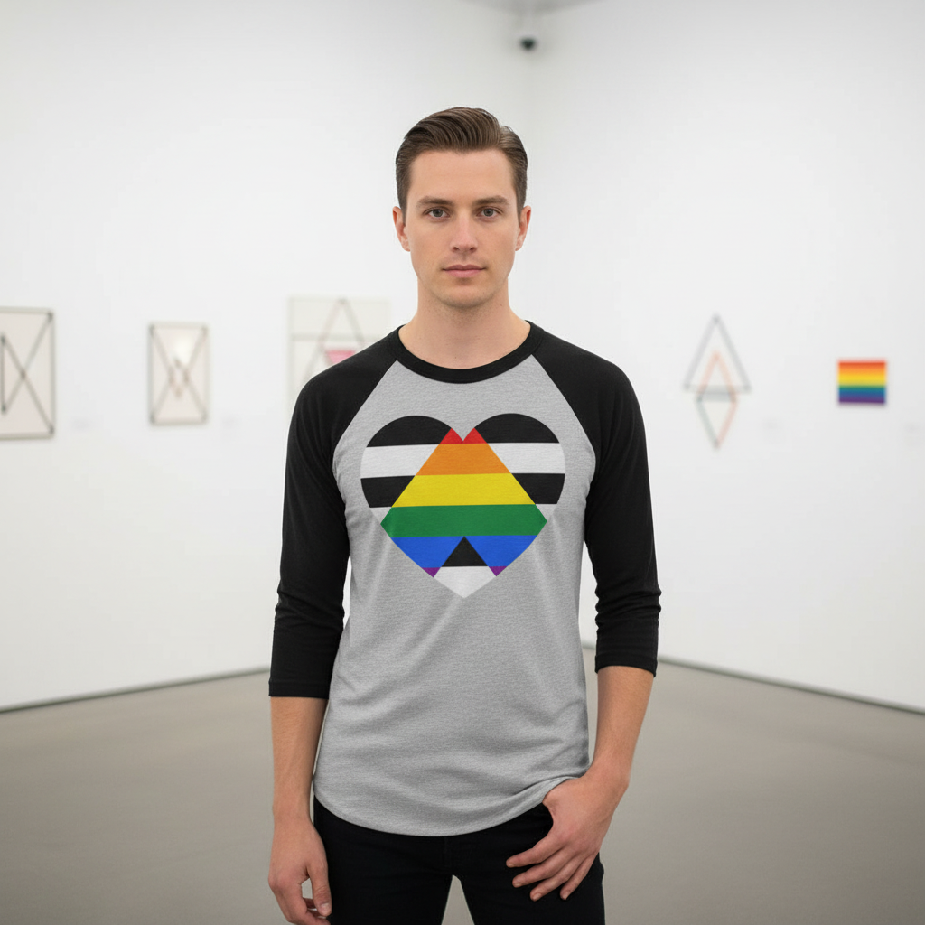 LGBTQ Ally 3/4 Sleeve Raglan shirt with heart-shaped pride flag; person in gallery