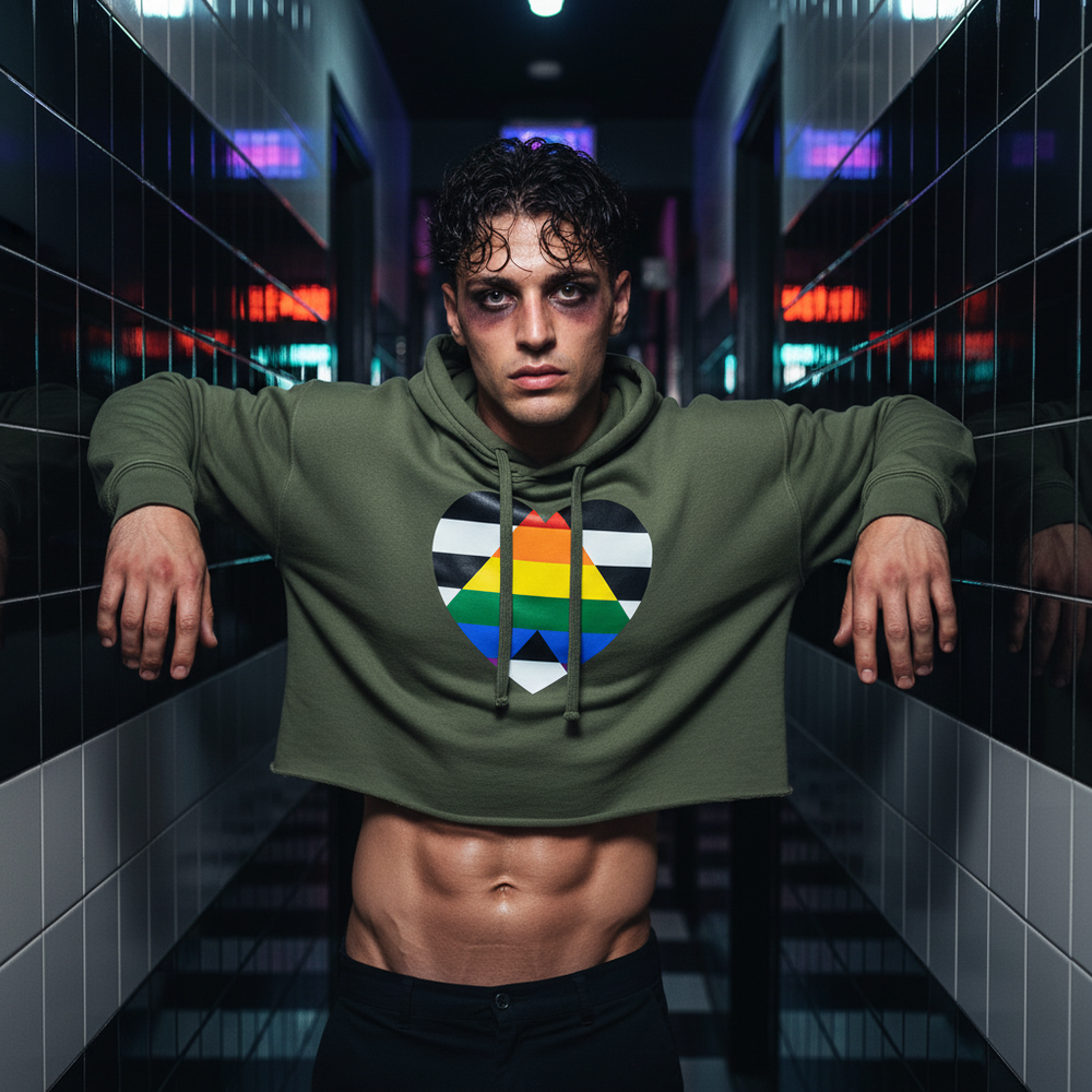 LGBTQ Ally Crop Hoodie with a pride heart graphic, worn by a person with wet hair and bruised eyes in neon-lit corridor