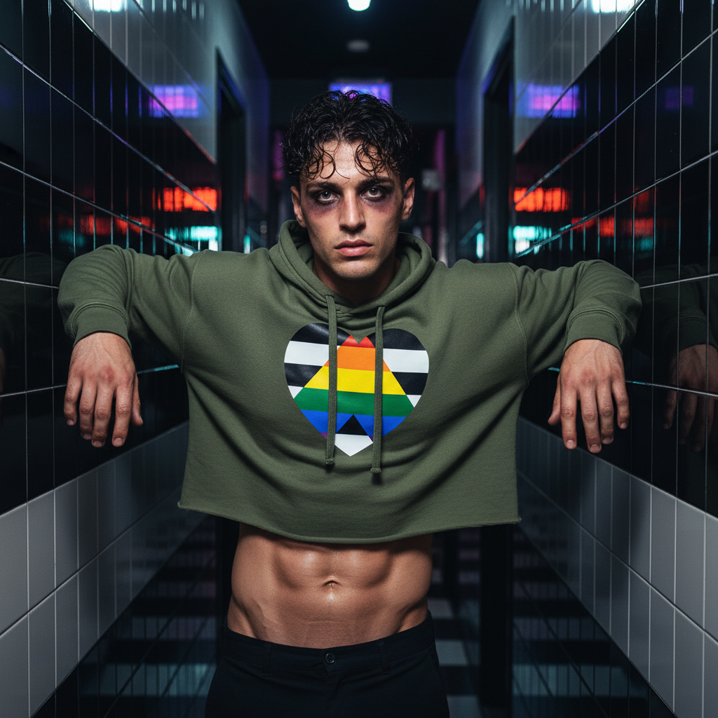 LGBTQ Ally Crop Hoodie with a pride heart graphic, worn by a person with wet hair and bruised eyes in neon-lit corridor