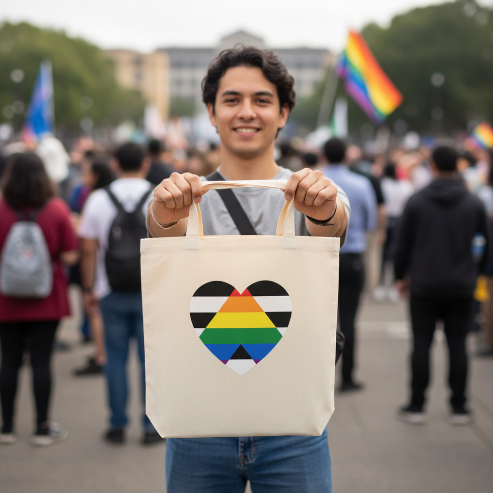 Eco tote bag featuring a heart in agender pride flag colors