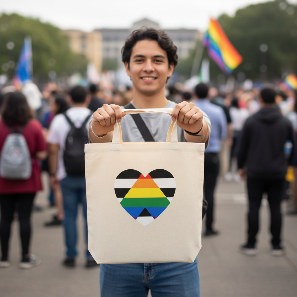 Eco tote bag featuring a heart in agender pride flag colors