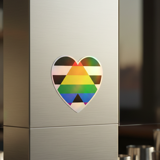 LGBTQ Ally holographic sticker, heart-shaped with bold rainbow and black stripes