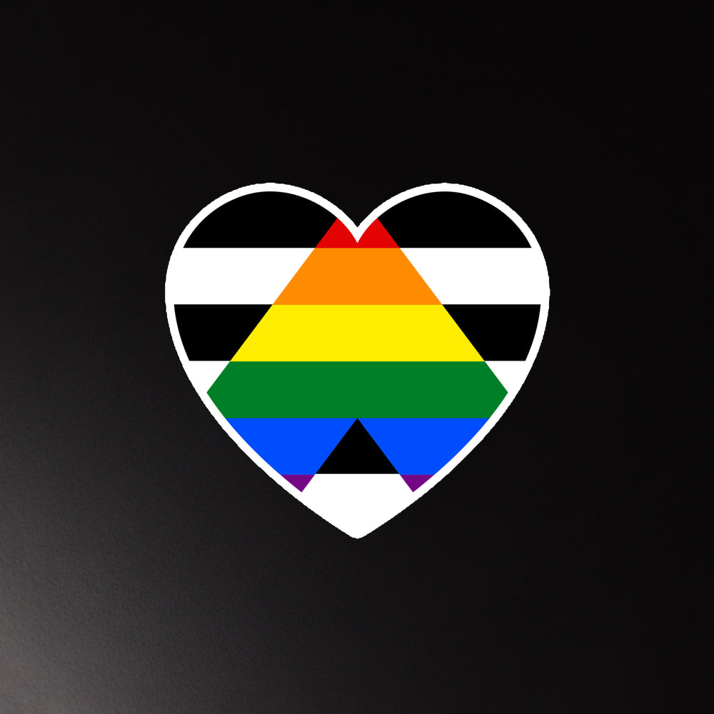 Heart-shaped LGBTQ ally magnet made of magnetic vinyl, featuring black and white stripes, an upward rainbow triangle
