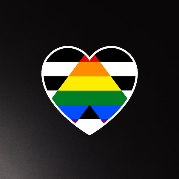 Heart-shaped LGBTQ ally magnet made of magnetic vinyl, featuring black and white stripes, an upward rainbow triangle
