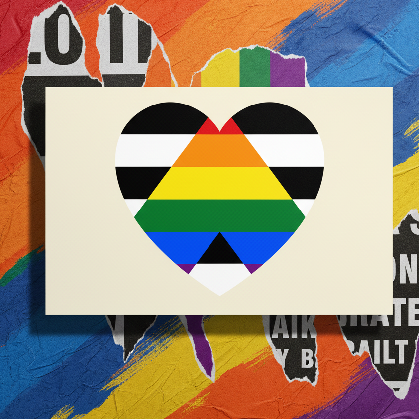 LGBTQ Ally postcard on beige card shows a heart blending LGBTQ+ and straight flags, set over mural with rainbow, black