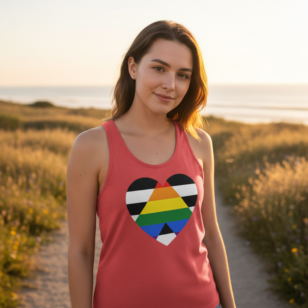 LGBTQ Ally unisex tank top in coral pink with a heart in rainbow pride stripes
