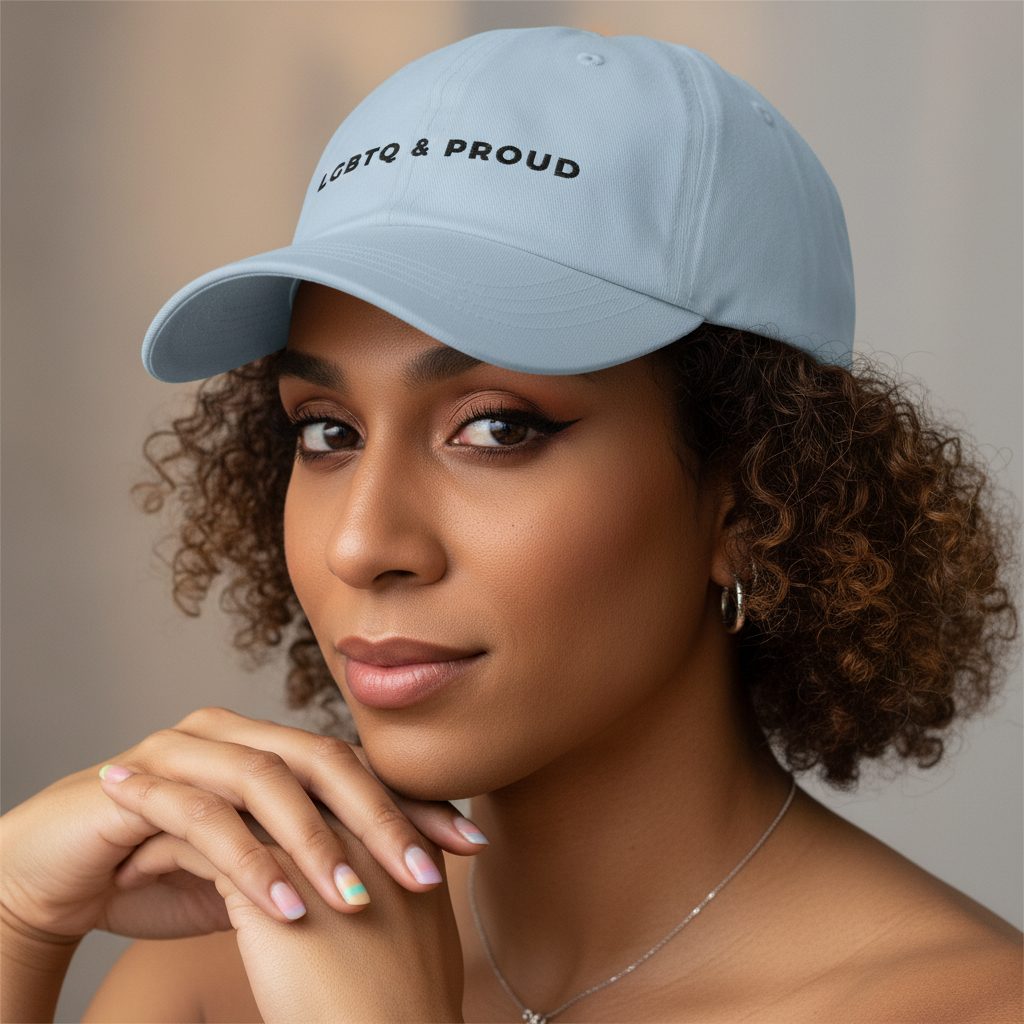 Light blue "LGBTQ & Proud" cap with bold black text, worn by a person with curls, pastel nails, hoops, winged liner