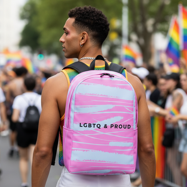 LGBTQ & Proud Minimalist Backpack slung over a short-haired marcher at Pride