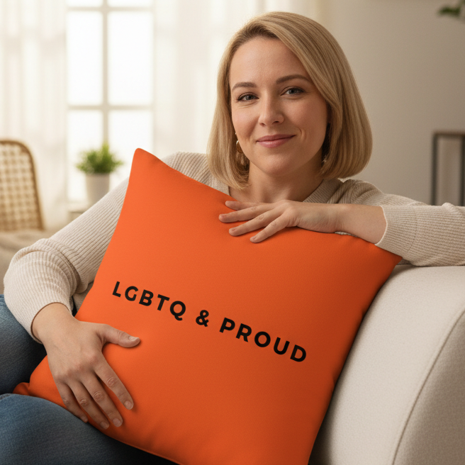A smiling blonde person on a light sofa holds an "LGBTQ & Proud" pillow with bold black text; cozy