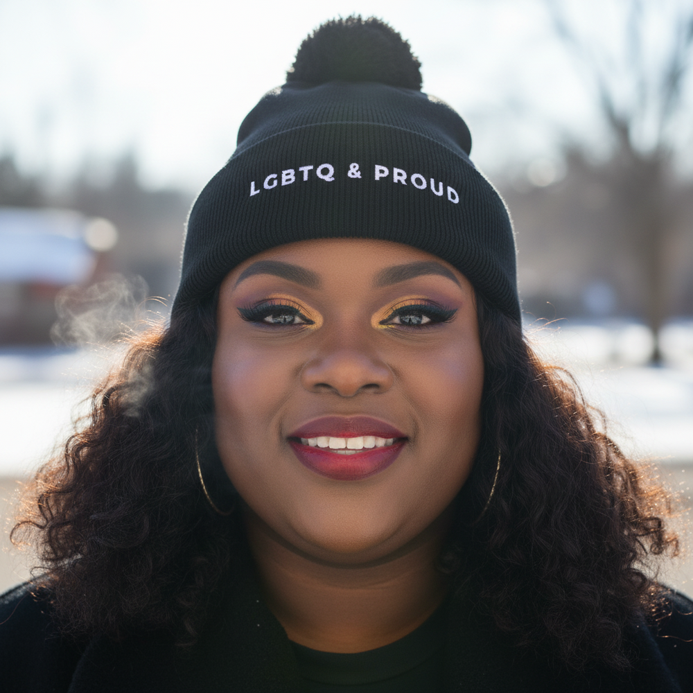 LGBTQ & Proud Pom Pom Beanie worn by a smiling person with dark curls and hoops